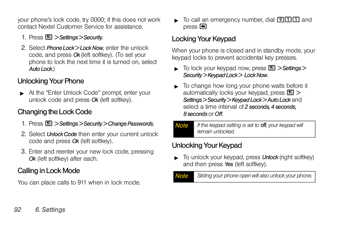 Motorola I856 manual UnlockingYourPhone, ChangingtheLockCode, CallinginLockMode, LockingYourKeypad, UnlockingYourKeypad 