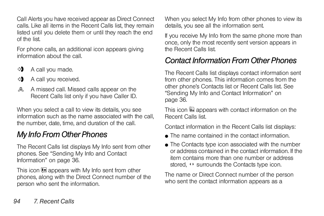 Motorola I856 manual My Info From Other Phones, Contact Information From Other Phones, 94 7. Recent Calls 