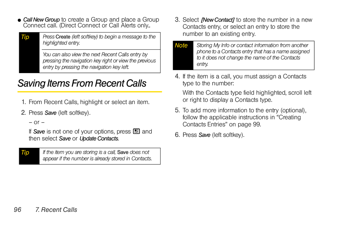 Motorola I856 manual Saving Items From Recent Calls, 96 7. Recent Calls, Highlighted entry 