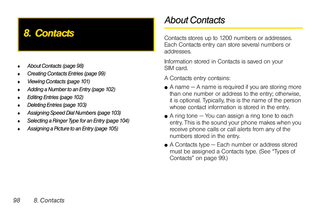 Motorola I856 manual About Contacts, 98 8. Contacts 