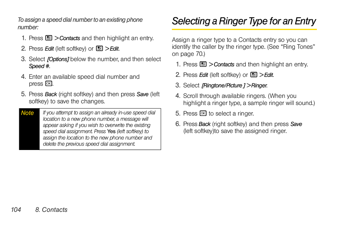 Motorola I856 manual Selecting a Ringer Type for an Entry, Press r to select a ringer, 104 8. Contacts 