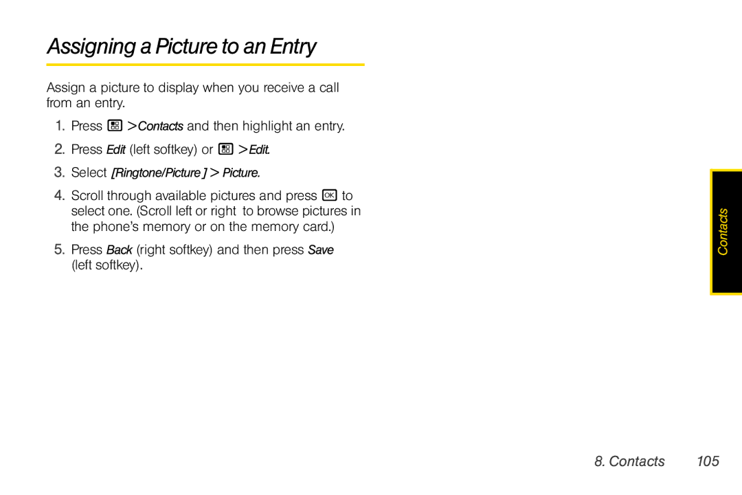 Motorola I856 Assigning a Picture to an Entry, Press Back right softkey and then press Save left softkey, Contacts 105 