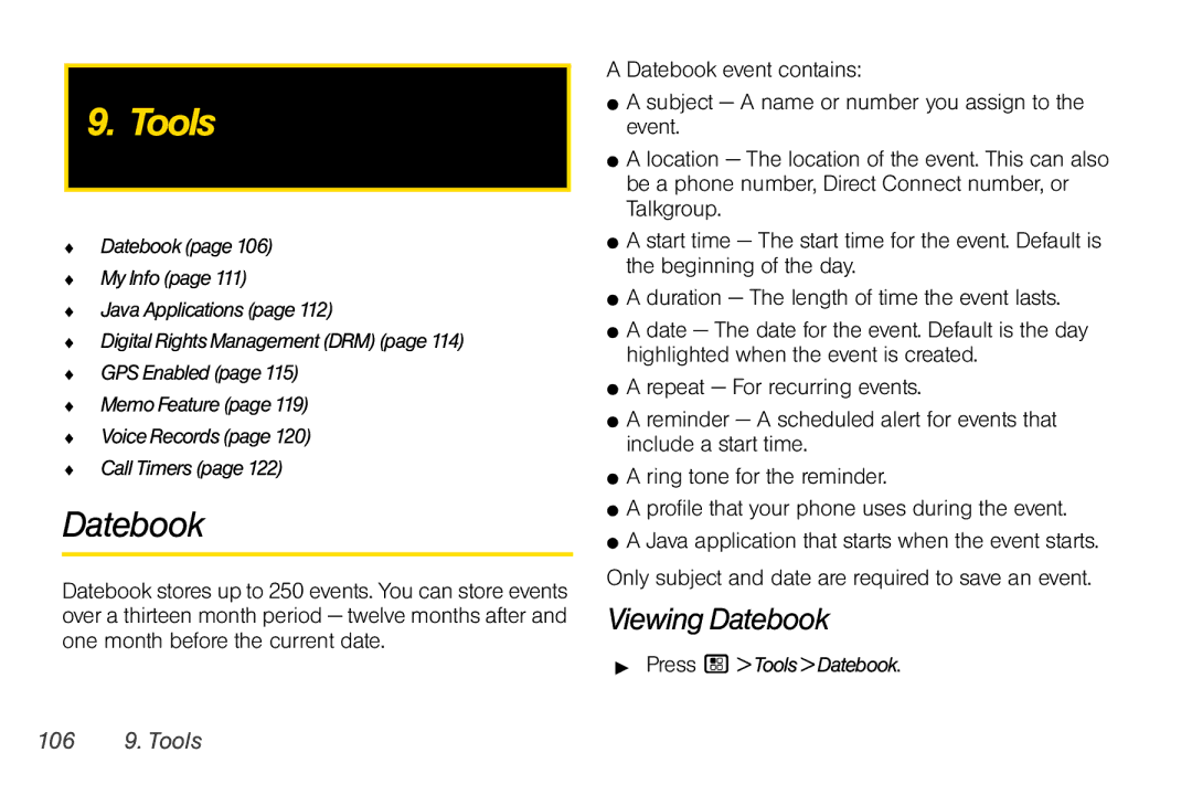 Motorola I856 manual Viewing Datebook, 106,  Press / ToolsDatebook 