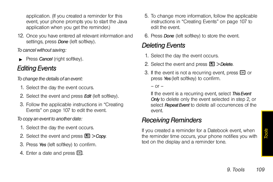 Motorola I856 manual Editing Events, Deleting Events, Receiving Reminders 