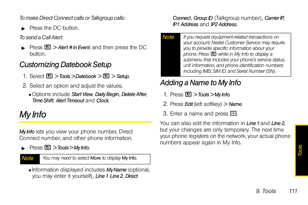 Motorola I856 manual Customizing Datebook Setup, Adding a Name to My Info, TomakeDirectConnectcallsorTalkgroupcalls 