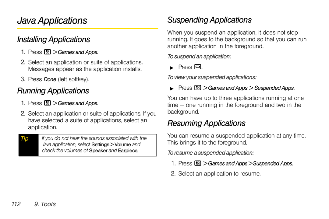 Motorola I856 manual Java Applications, Installing Applications, Running Applications, Suspending Applications 