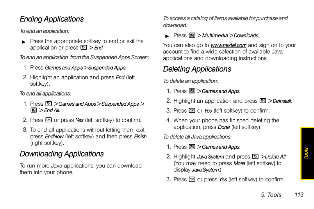 Motorola I856 manual Ending Applications, Downloading Applications, Deleting Applications 