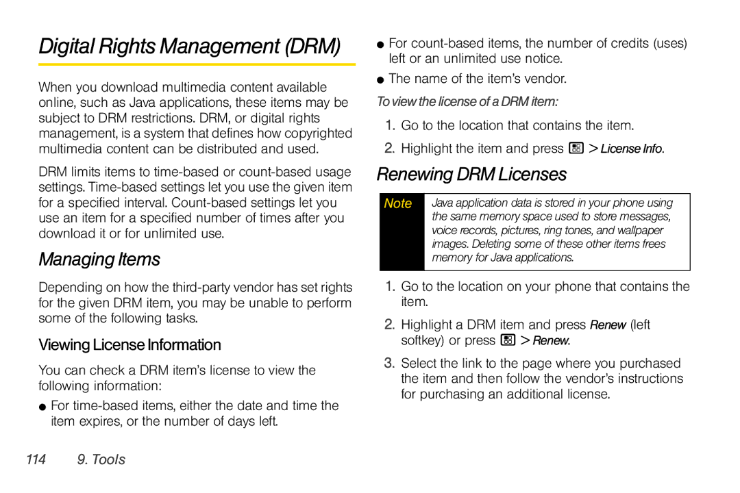 Motorola I856 manual Digital Rights Management DRM, Managing Items, Renewing DRM Licenses, ViewingLicenseInformation 