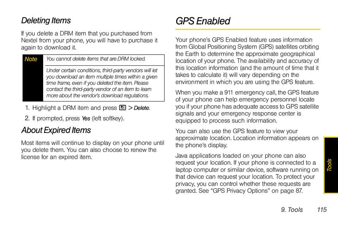 Motorola I856 manual GPS Enabled, Deleting Items, About Expired Items, Tools 115 