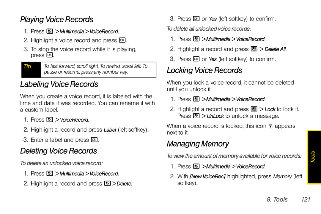 Motorola I856 manual Playing Voice Records, Labeling Voice Records, Deleting Voice Records, Locking Voice Records 