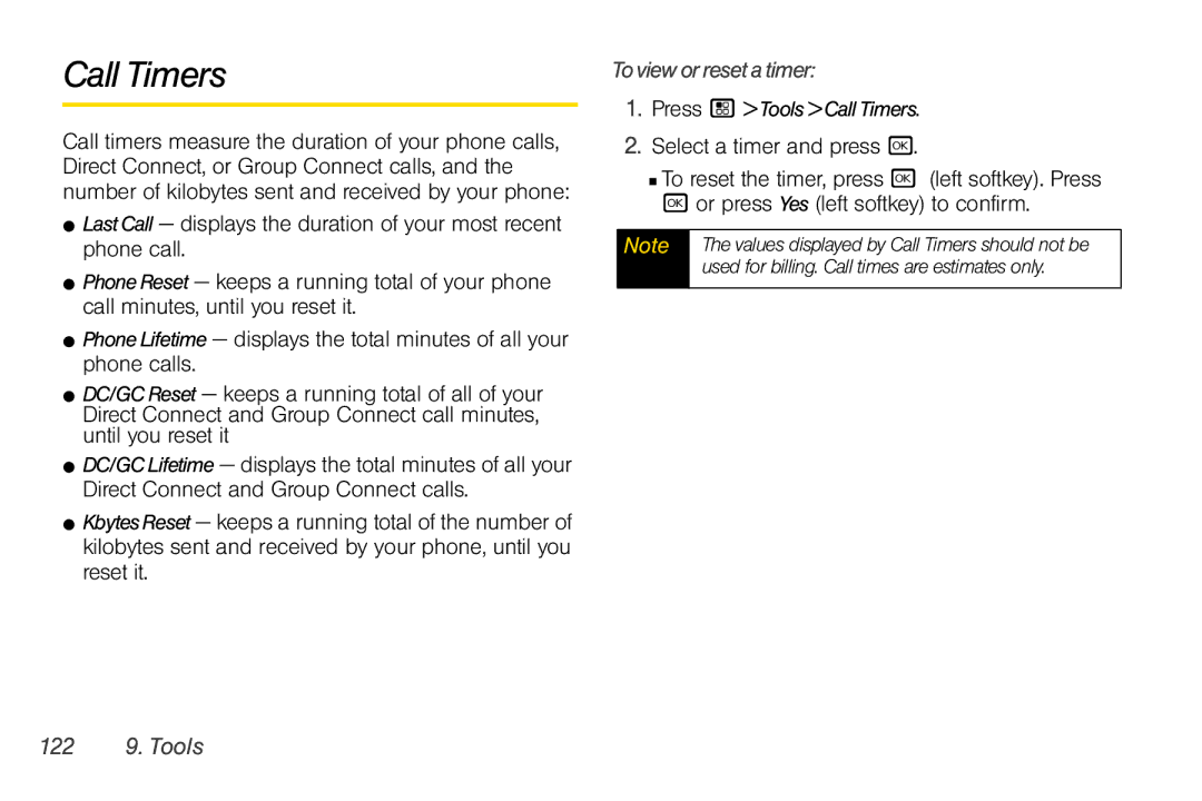 Motorola I856 manual Call Timers, Tovieworresetatimer, Select a timer and press r, 122, Press / ToolsCallTimers 