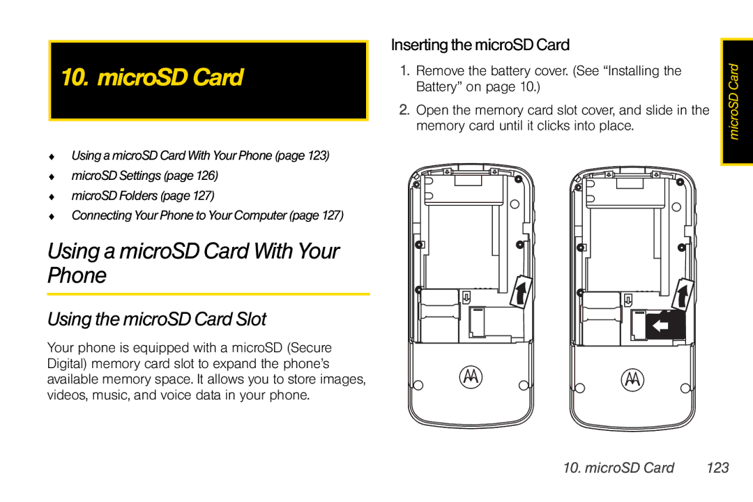 Motorola I856 MicroSD Card, Using a microSD Card With Your Phone, Using the microSD Card Slot, InsertingthemicroSDCard 