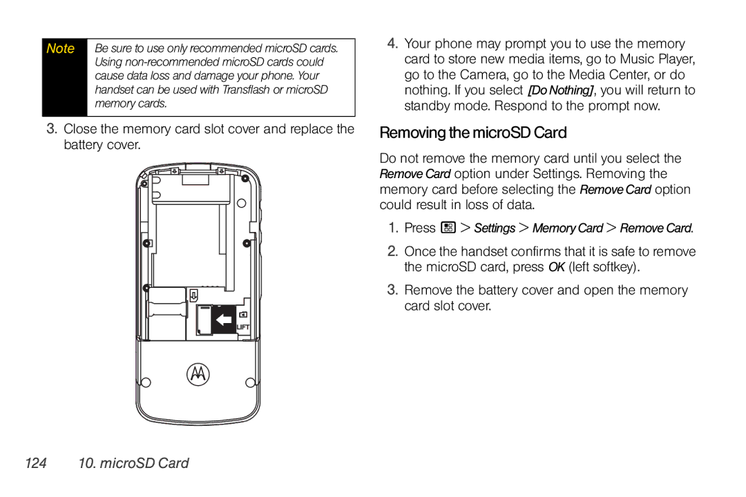 Motorola I856 manual RemovingthemicroSDCard, 124 10. microSD Card, Press / Settings MemoryCard RemoveCard 