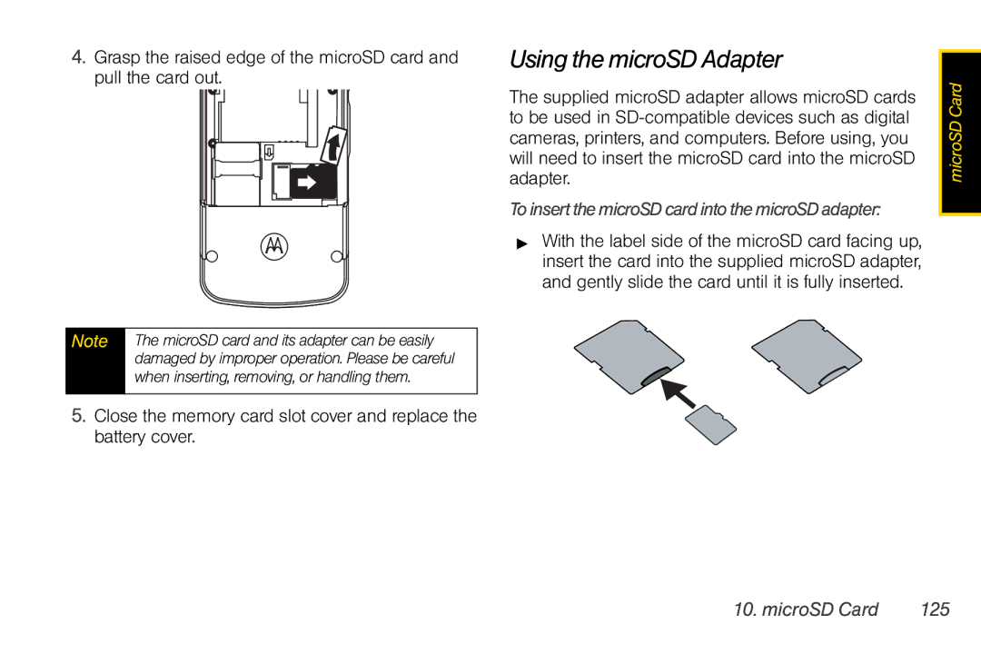 Motorola I856 manual Using the microSD Adapter, ToinsertthemicroSDcardintothemicroSDadapter, MicroSD Card 125 