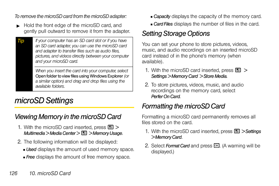 Motorola I856 MicroSD Settings, Viewing Memory in the microSD Card, Setting Storage Options, Formatting the microSD Card 