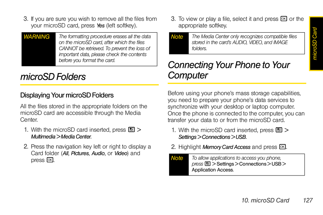 Motorola I856 MicroSD Folders, Connecting Your Phone to Your Computer, DisplayingYourmicroSDFolders, MicroSD Card 127 