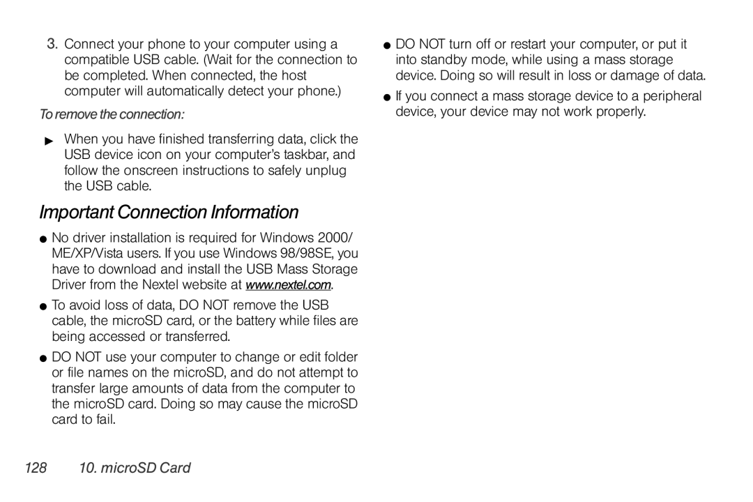 Motorola I856 manual Important Connection Information, Toremovetheconnection, 128 10. microSD Card 