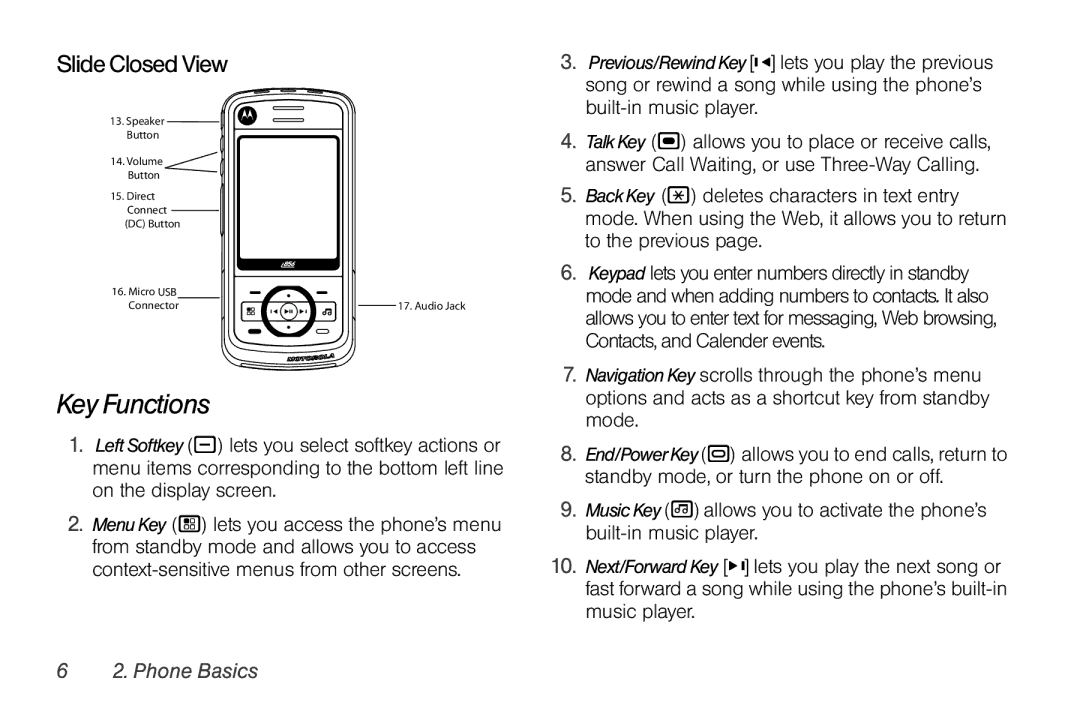 Motorola I856 manual Key Functions, SlideClosedView 