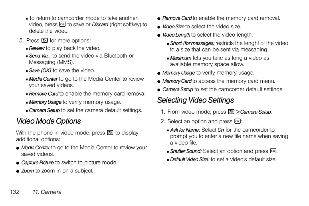 Motorola I856 manual Video Mode Options, Selecting Video Settings, 132 11. Camera 