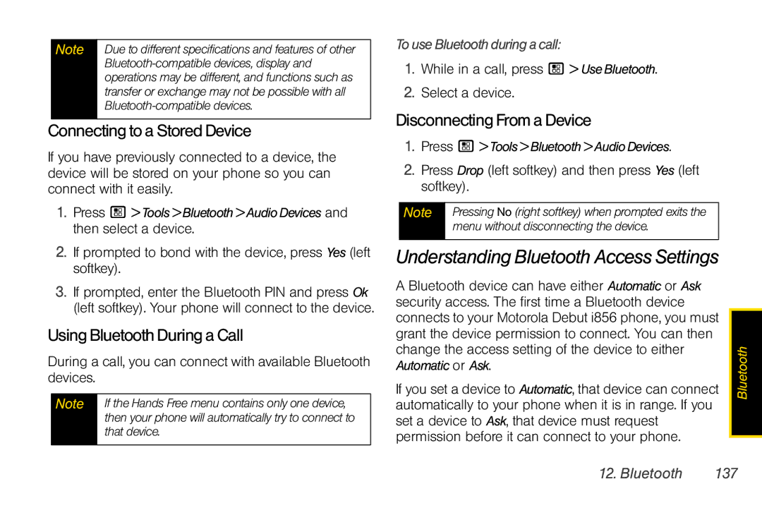 Motorola I856 ConnectingtoaStoredDevice, UsingBluetoothDuringaCall, DisconnectingFromaDevice, TouseBluetoothduringacall 