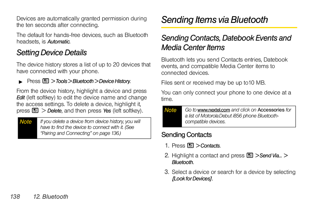 Motorola I856 manual Sending Items via Bluetooth, Setting Device Details, SendingContacts, 138 12. Bluetooth 