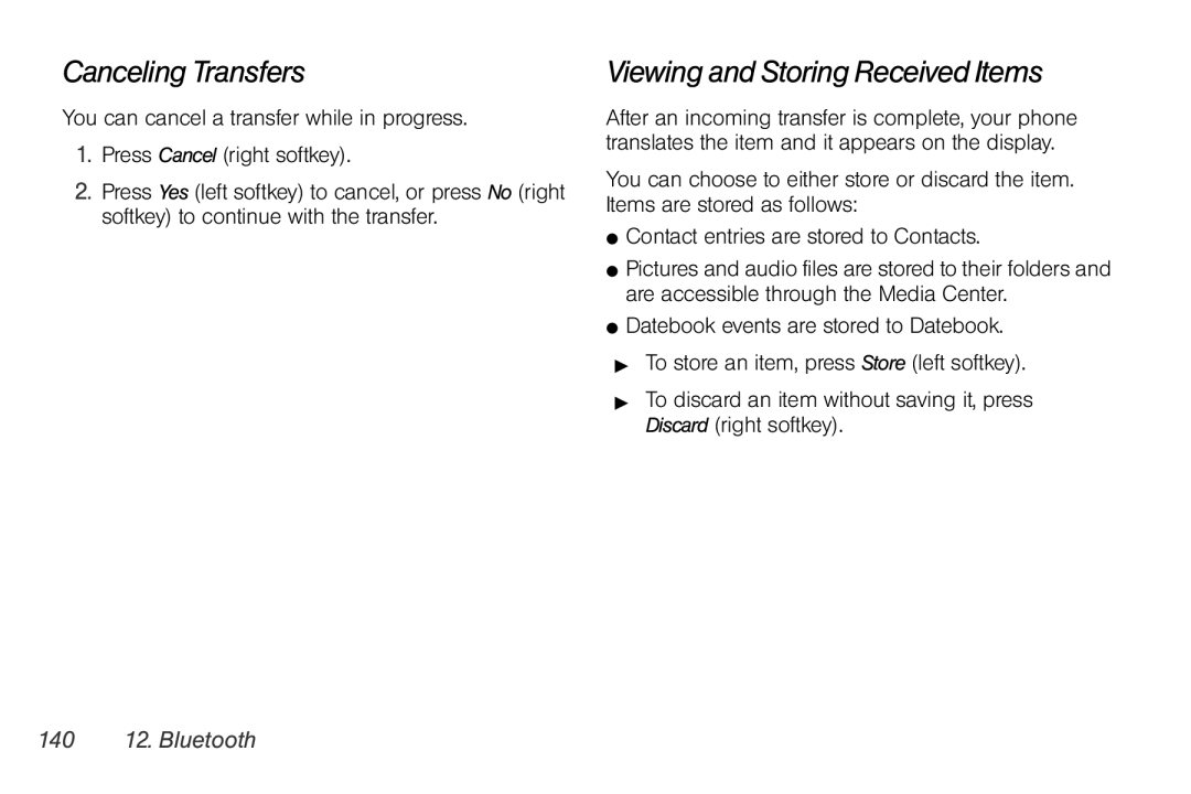 Motorola I856 manual Canceling Transfers, Viewing and Storing Received Items, 140 12. Bluetooth 