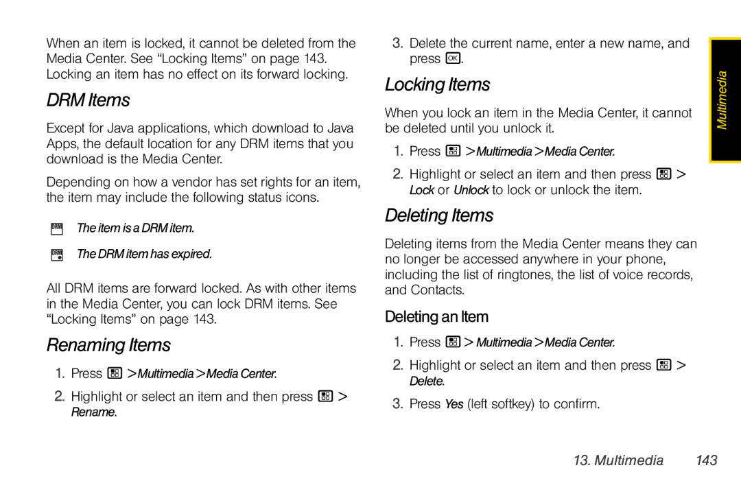 Motorola I856 manual DRM Items, Renaming Items, Locking Items, DeletinganItem, Multimedia 143 