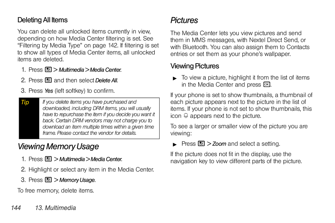 Motorola I856 manual Viewing Memory Usage, DeletingAllItems, ViewingPictures, 144 13. Multimedia 