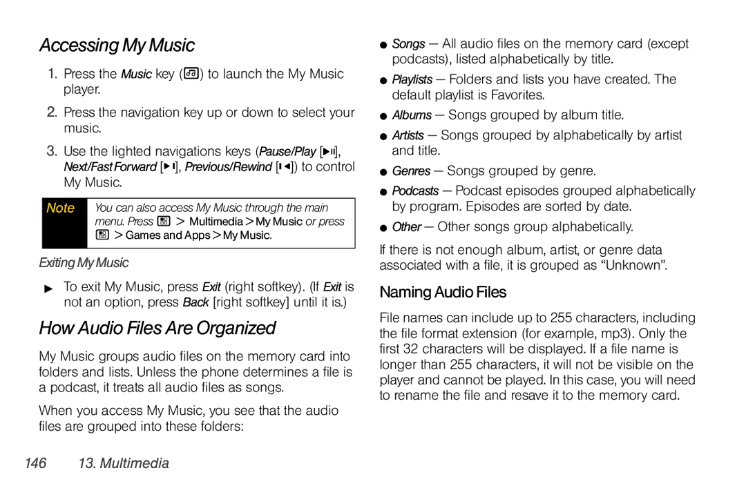 Motorola I856 Accessing My Music, How Audio Files Are Organized, NamingAudioFiles, ExitingMyMusic, 146 13. Multimedia 