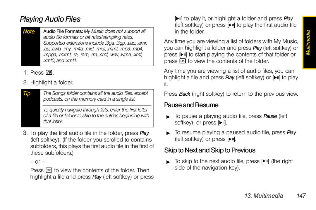 Motorola I856 Playing Audio Files, PauseandResume, SkiptoNextandSkiptoPrevious, Press Highlight a folder, Multimedia 147 