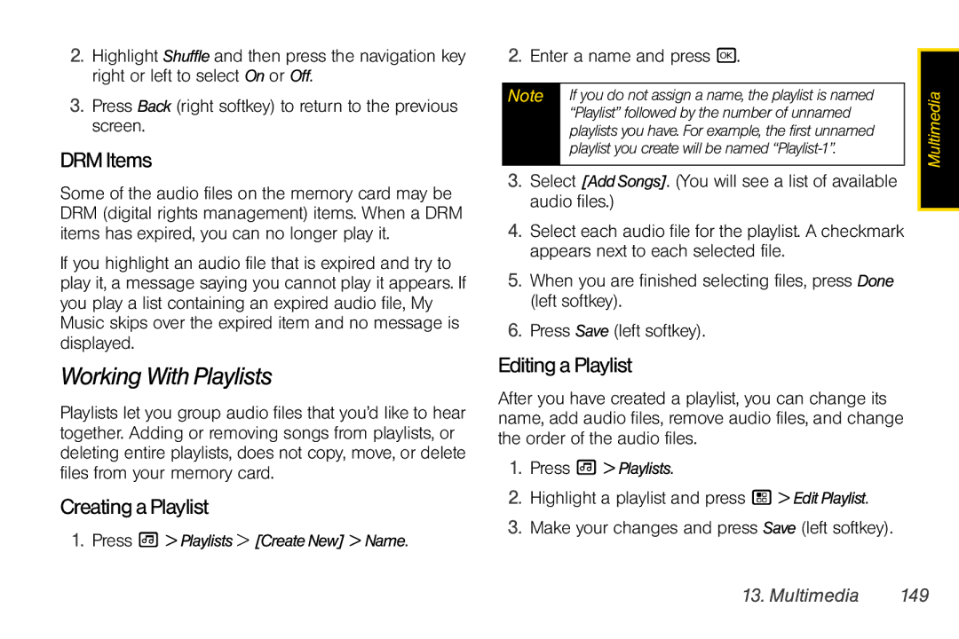 Motorola I856 manual Working With Playlists, DRMItems, CreatingaPlaylist, EditingaPlaylist, Multimedia 149 