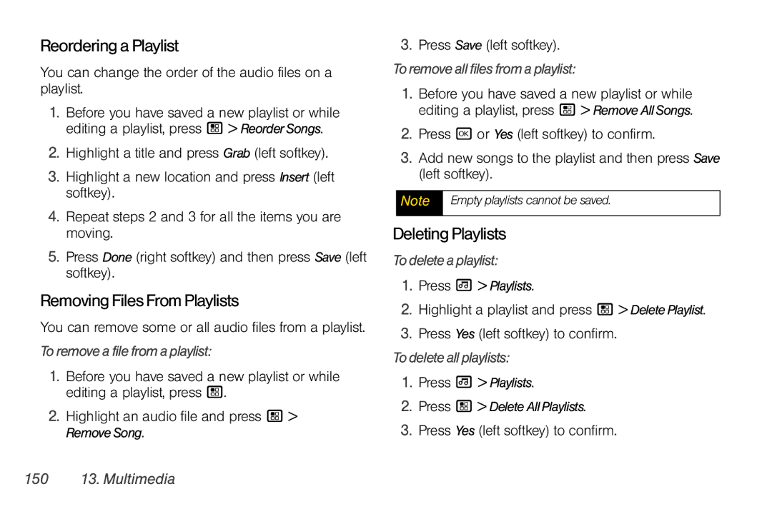 Motorola I856 manual ReorderingaPlaylist, RemovingFilesFromPlaylists, DeletingPlaylists 