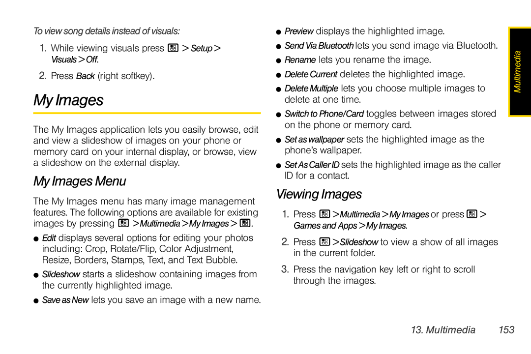 Motorola I856 manual My Images Menu, Viewing Images, Toviewsongdetailsinsteadofvisuals, Multimedia 153 