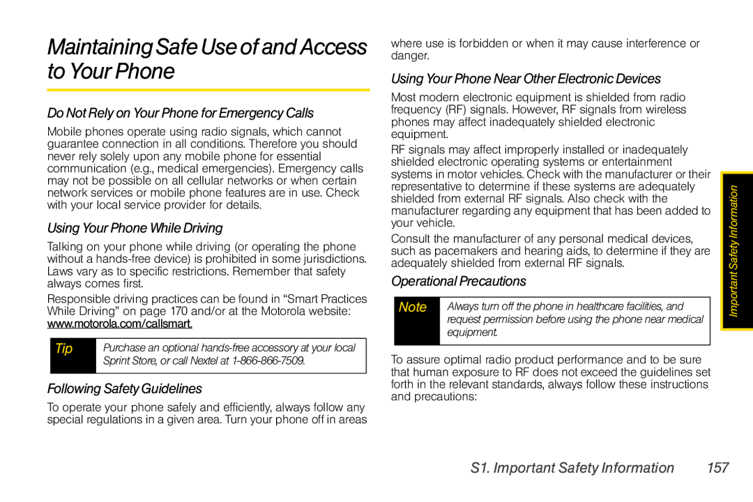 Motorola I856 manual MaintainingSafeUseofandAccess to Your Phone, S1. Important Safety Information 157 