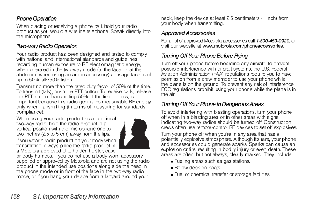 Motorola I856 manual Phone Operation, Two-way Radio Operation, Approved Accessories Turning Off Your Phone Before Flying 