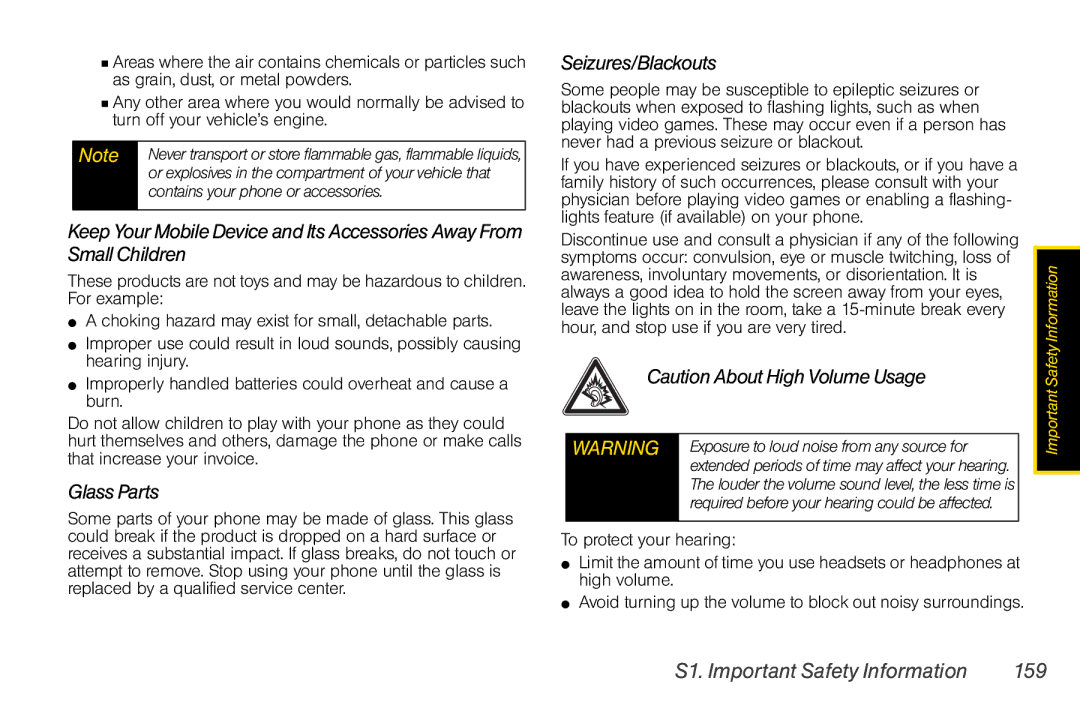 Motorola I856 Glass Parts, Seizures/Blackouts, S1. Important Safety Information 159, Contains your phone or accessories 