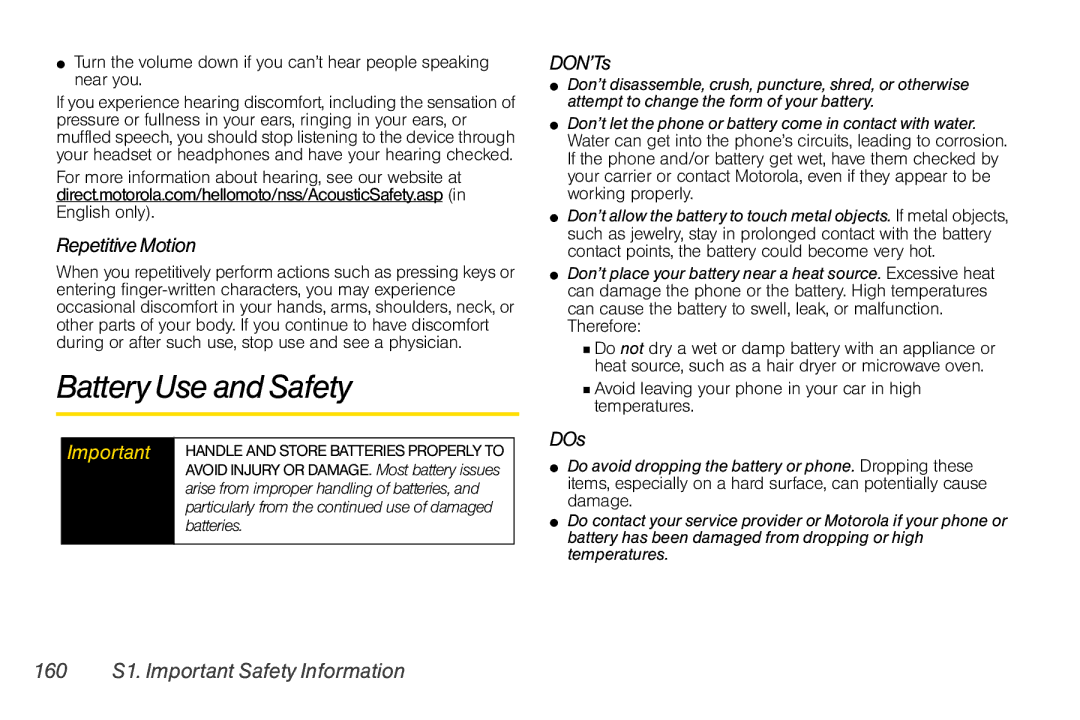 Motorola I856 manual Battery Use and Safety, Repetitive Motion, DON’Ts, DOs, 160 S1. Important Safety Information 