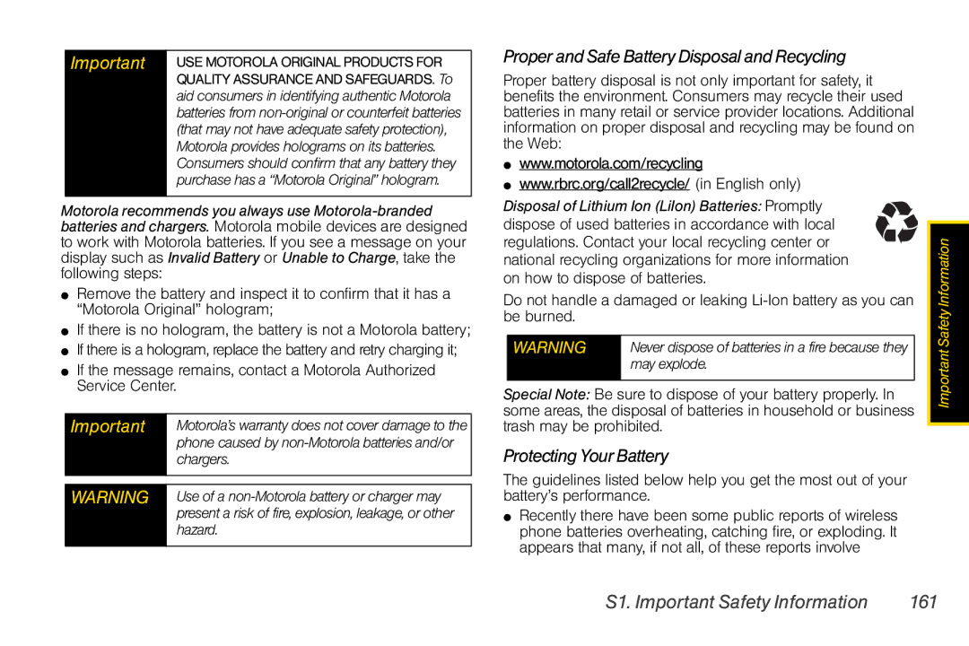 Motorola I856 Proper and Safe Battery Disposal and Recycling, Protecting YourBattery, S1. Important Safety Information 161 