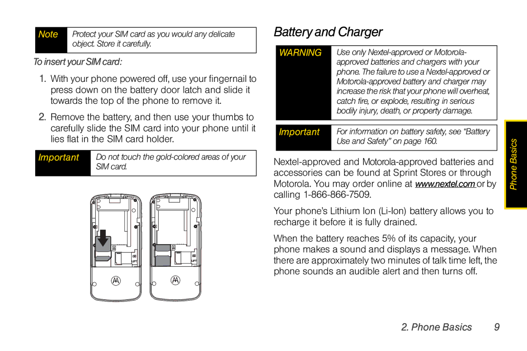 Motorola I856 manual Battery and Charger, ToinsertyourSIMcard 