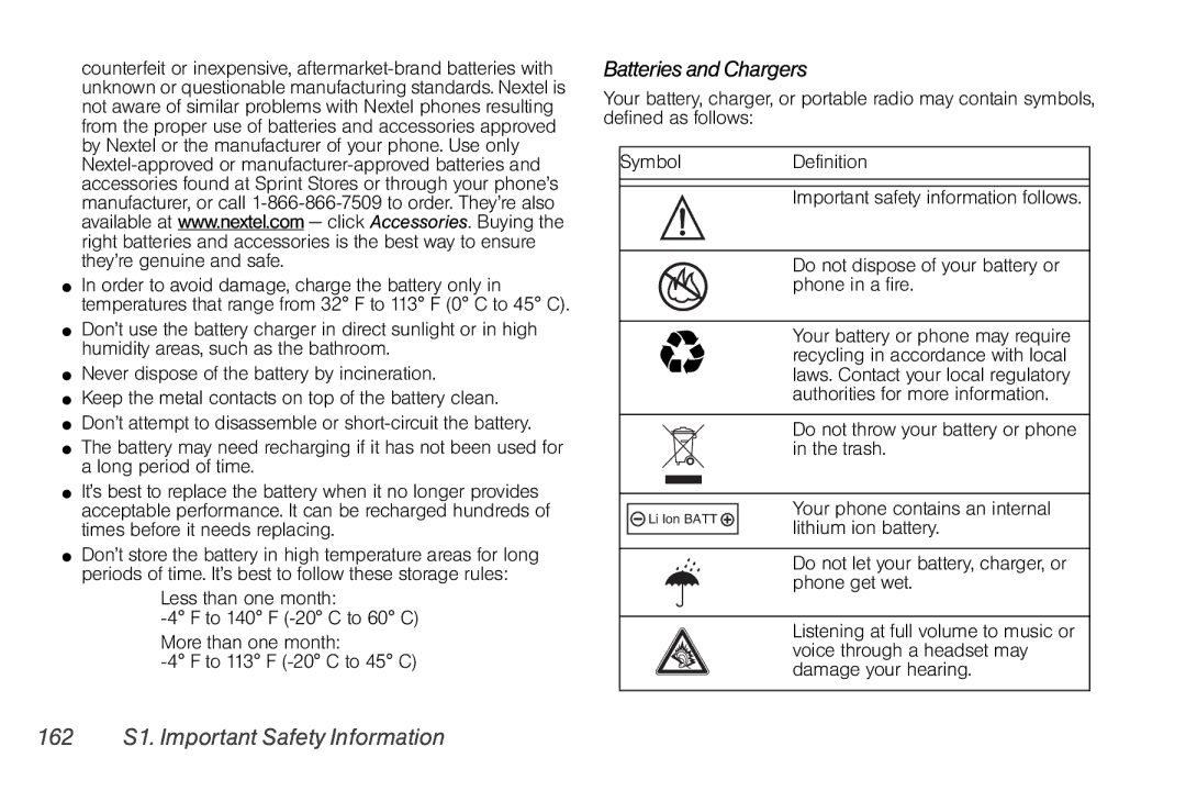 Motorola I856 manual Batteries and Chargers, 162 S1. Important Safety Information 