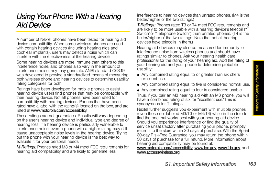 Motorola I856 manual Using Your Phone With a Hearing Aid Device, S1. Important Safety Information 163 