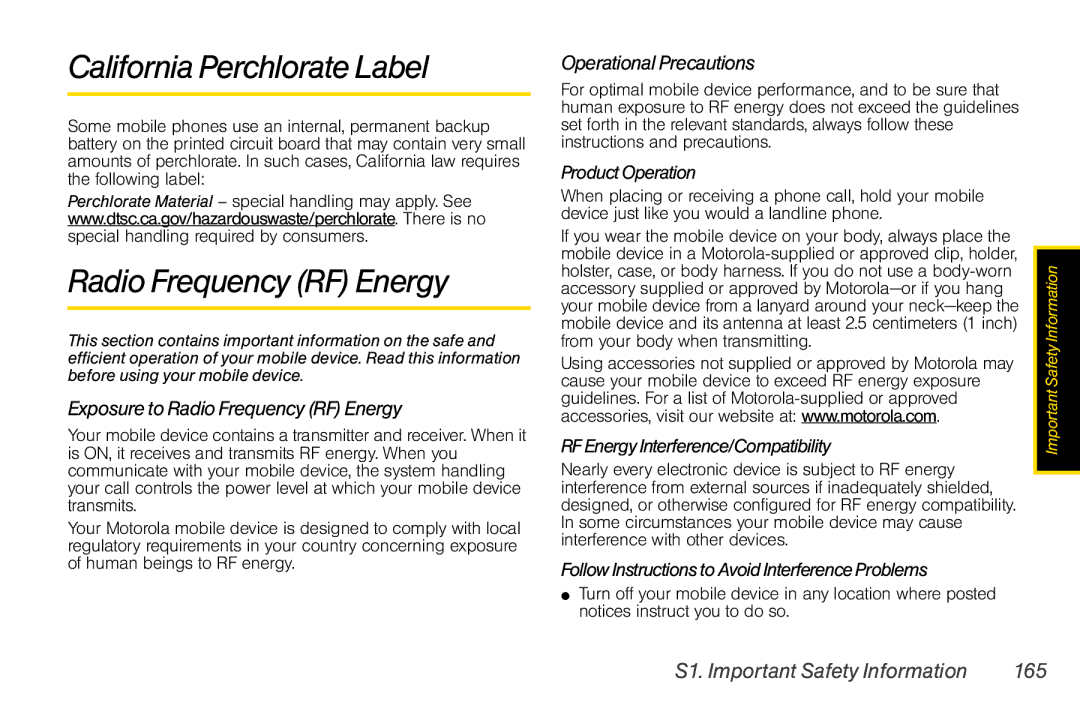 Motorola I856 manual California Perchlorate Label, Exposure to Radio Frequency RF Energy 