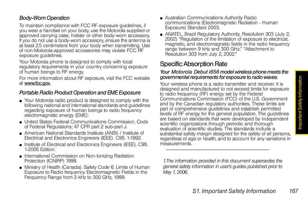 Motorola I856 manual SpecificAbsorptionRate, Body-Worn Operation, S1. Important Safety Information 167 