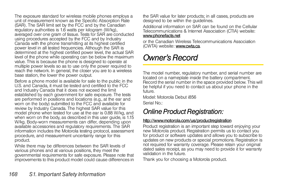 Motorola I856 manual Owner’s Record, Online Product Registration, 168 S1. Important Safety Information 