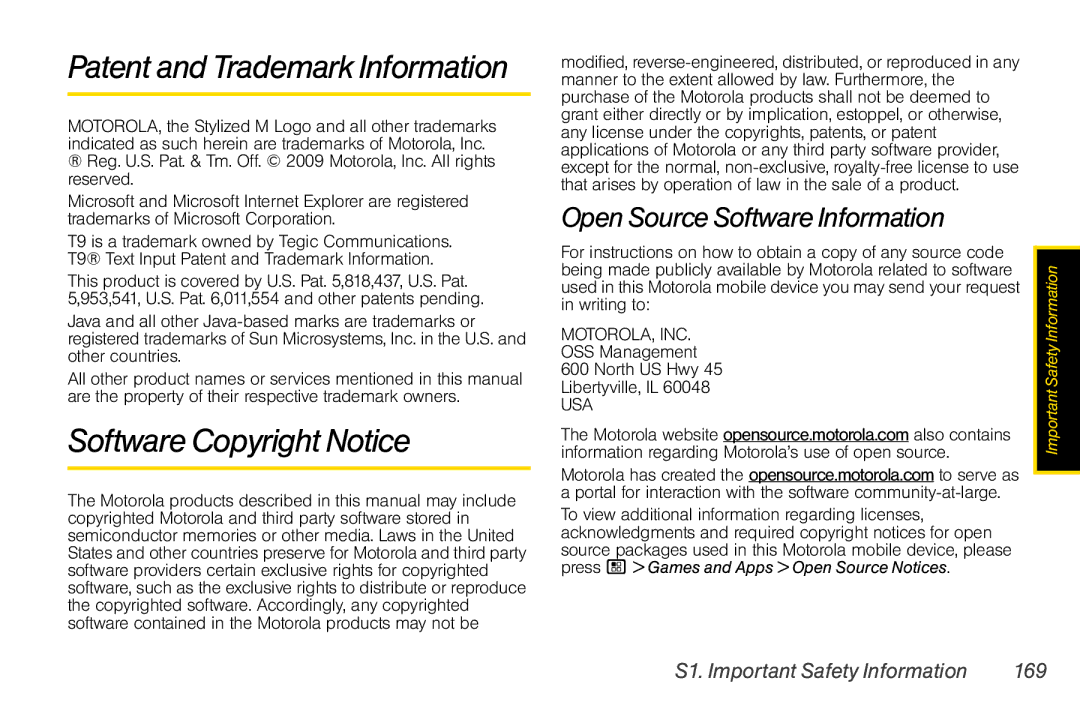 Motorola I856 manual Patent and Trademark Information, Software Copyright Notice, Open Source Software Information 