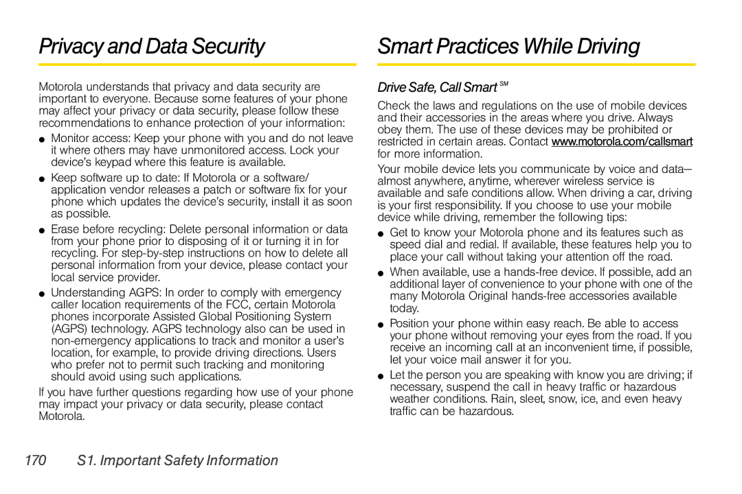 Motorola I856 manual Privacy and Data Security Smart Practices While Driving, Drive Safe, Call Smart SM 