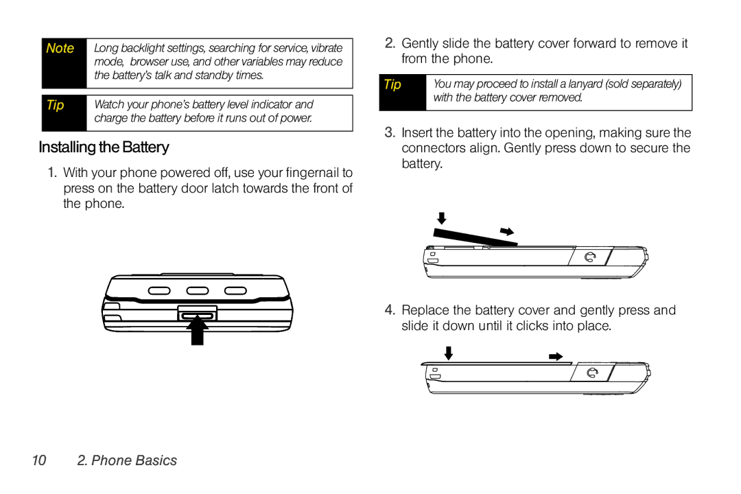 Motorola I856 manual InstallingtheBattery, 10 2. Phone Basics 