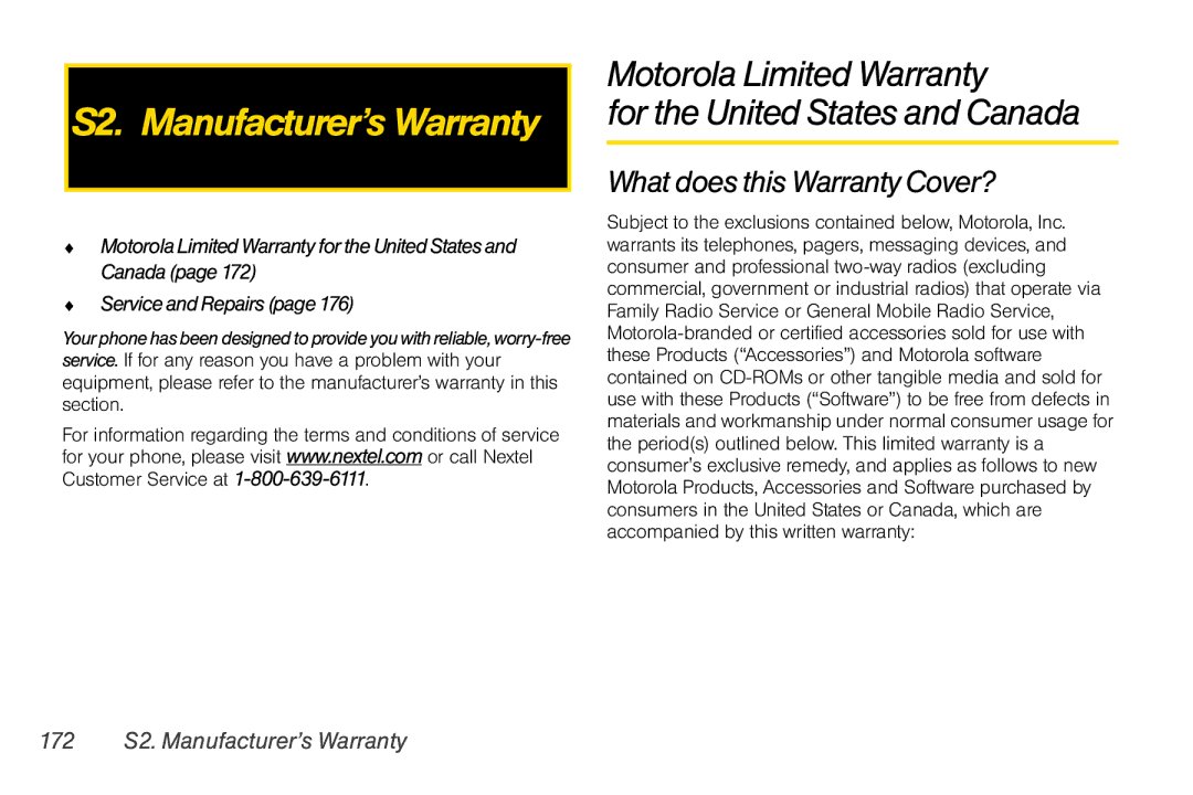 Motorola I856 manual S2. Manufacturer’s Warranty, Motorola Limited Warranty For the United States and Canada 