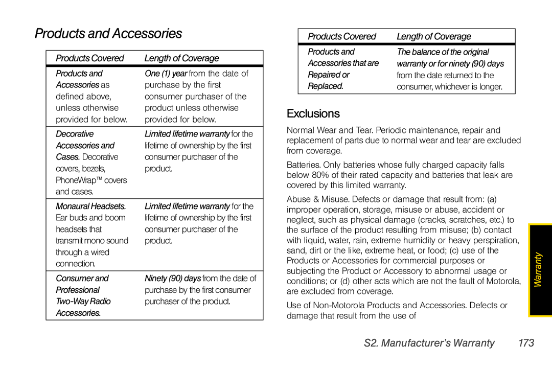 Motorola I856 Products and Accessories, Exclusions, S2. Manufacturer’s Warranty 173, ProductsCovered LengthofCoverage 