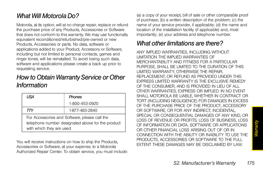 Motorola I856 What Will Motorola Do?, How to Obtain Warranty Service or Other Information, S2. Manufacturer’s Warranty 175 